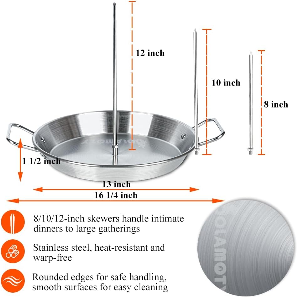 13 inch Vertical Skewer Pan Stainless Steel Gyro Spit Shawarma Stand for oven, Al Pastor Skewer for Grill, El Pastor Hack for Tacos Al Pastor Chicken, Brazilian, with 8",10",12" stick