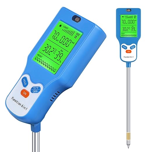 6-in-1 Soil Moisture Meter Digital PH Meter/Soil Moisture/Plant Temperature/Sunlight Intensity, Backlight LCD Display, Soil Test Meter for Garden, Lawn, Plant Care (Blue)