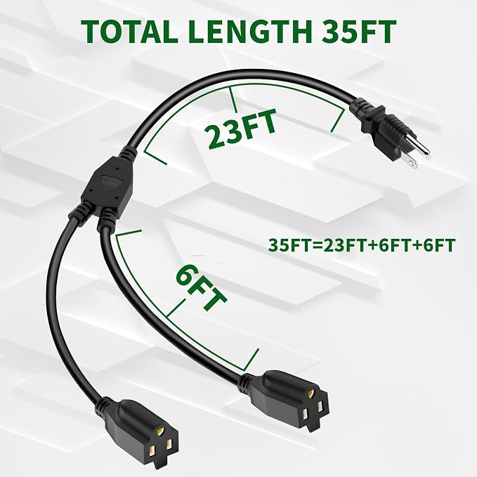 2 Way Power Extension Cord Splitter 35 Ft Total-3 Prong 1 to 2 Extension Cord - Image 2