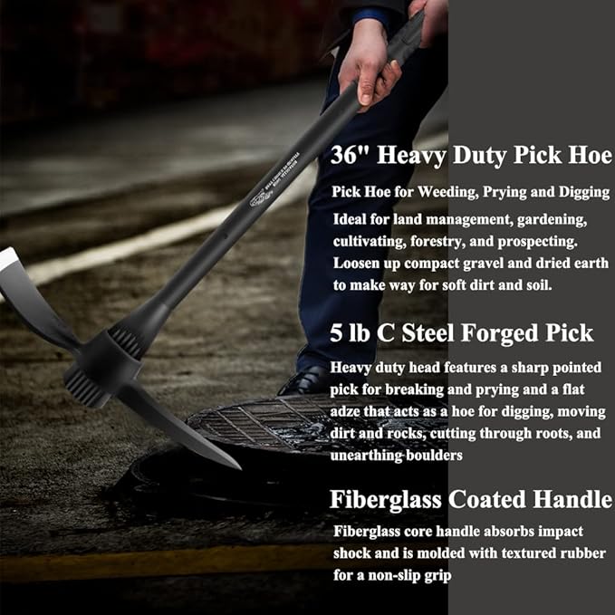 glorousamc Forged Adze Pick, Weeding Mattock Hoe Pick Mattock with Fiberglass Handle, Garden Pick, Great for Loosening Soil, Archaeological Projects (5LB-with 36" Fiberglass Handle)