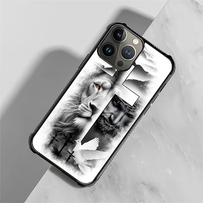 for iPhone 15 Pro Case, Lion Cross Jesus Christ Dove Pattern Graphic Design - Image 2
