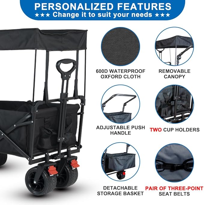 SKYMANOR Collapsible Wagon with Removable Canopy, 3-in-1 Heavy Duty Garden Cart with Big All-Terrain Wheels, Brakes, Adjustable Push Pull Handle, Cooler Bag, 300LBS Wagon Cart for Camping (Black)