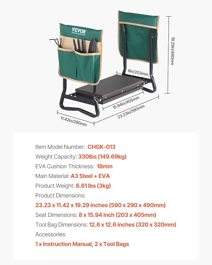 VEVOR Folding Garden Kneeler and Seat Heavy Duty, Widened 8" EVA Foam Pad, Portable Garden Stool with Tool Bags, Gardening Bench to Relieve Knee & Back Pain, Great Gifts for Seniors, Women, Parents