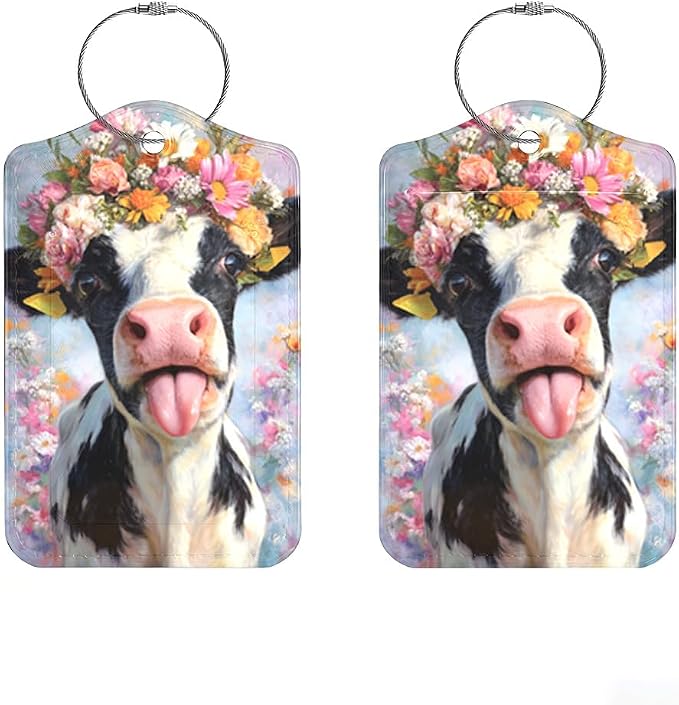 2Pcs Spring Floral Cow Luggage Tags by Cmialusie