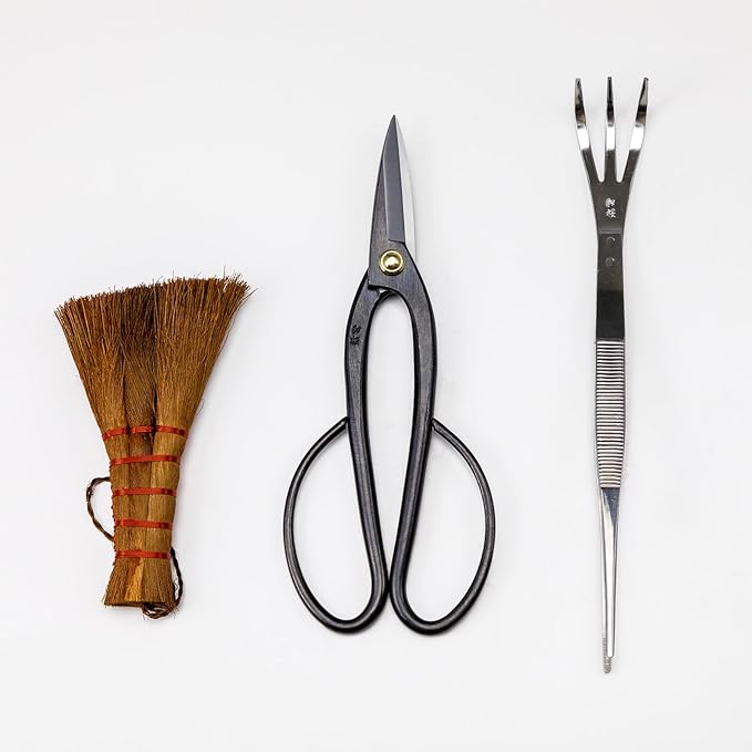 Wazakura Japanese Bonsai Garden 3PCS Tool Starter Kit, Made in Japan, Ashinaga Bonsai Scissors, Stainless Tweezers with Rake, Chinese Broom. Beginner Set with Shears, Tweezers and Soil Brush