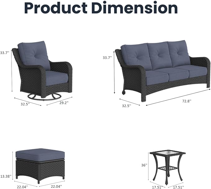 7 Pieces Outdoor Patio Furniture Sets with Rocking Swivel Chairs with 6-inch Thick Cushion and Side Table for Deck Lawn
