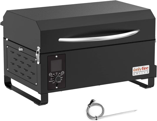 Onlyfire BBQ Wood Pellet Grill Smoker with Meat Probe, 2 Tiers Cooking Area, Portable Tabletop Grilling Stove for Outdoor Kitchen Cooking Smoke and Roast, RV Camping, Black GS314