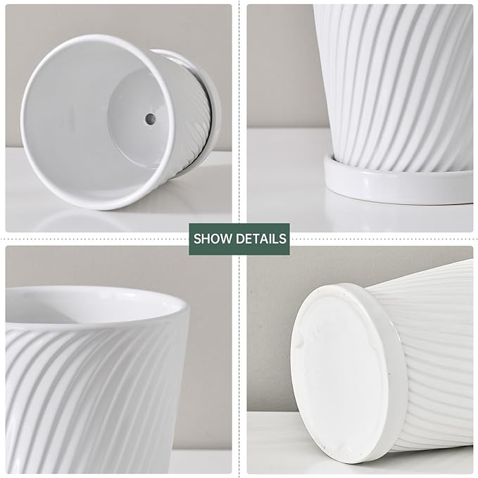 Ton Sin Plant Pots,White 6 Inch Flower Pots for Plants,Ceramic Planter with Drainage Holes,Indoor Planter Pots with Saucer,Outdoor Garden Pots (White, 4 Pack)