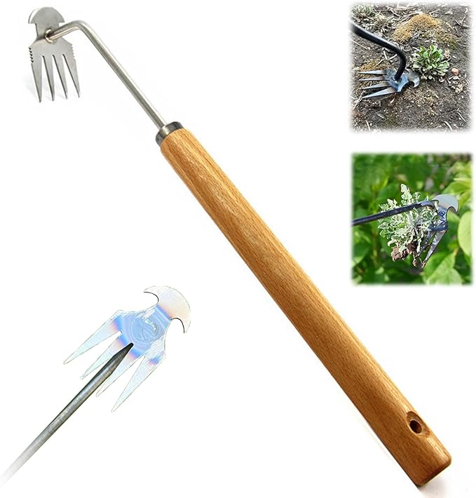 Weeding Artifact Uprooting Weeding Tool, Multifunctional Weeder, Hand Weeder Tool, 4 Teeth Stand Up Weed Puller Tool with Handle for Garden Yard Farm Weed Removal (16in, Extra Long Wood Handle)