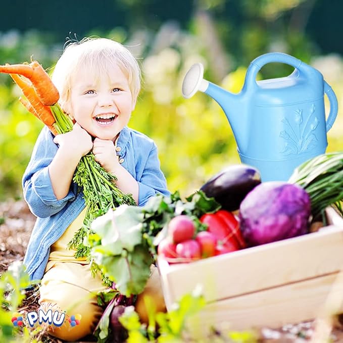 PMU 2 Gallon Watering Can - Garden Watering Can for Indoor & Outdoor Plants - Plastic Water Can with Detachable Sprinkler Head - Large Water Pot, Made in USA - Blue Pkg/3