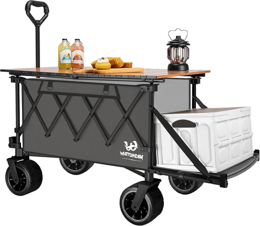 Whitsunday Collapsible Folding Wagon with Table,Heavy Duty Utility Beach Wagons with Opened Tailgate and All-Terrain Wheels for Camping,Garden,Sports Grey