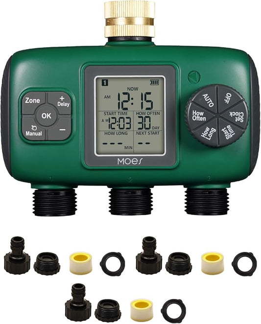MOES 3 Outlet Sprinkler Timer, Brass Inlet, Programmable Automatic Irrigation Controller, Rain Delay, Manual Watering, 3 Zone Water Hose Timer for Gardens, Lawns, and Hose Systems