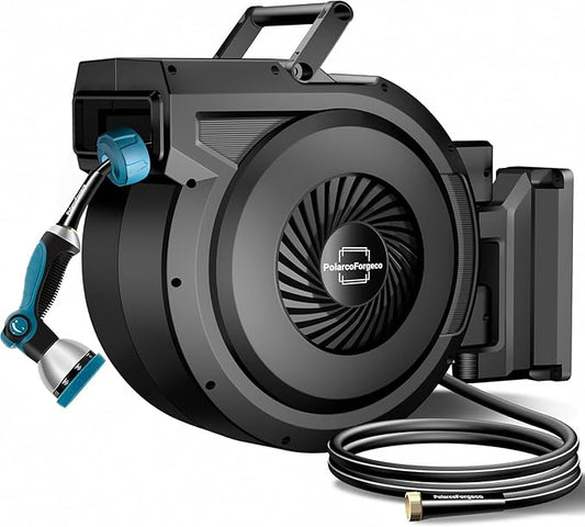 Retractable Garden Hose Reel - 5/8 inch x 80 ft Wall Mounted Hose Reel with 10 Pattern Nozzle & Any Length Lock, Heavy Duty Water Hose Supports Automatic Rewind & 180° Swivel, Black