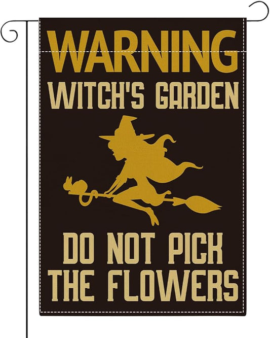 Witch's Funny Garden Flag Do Not Pick the Flowers Sign Plant Lover Gift Small Double Sided Burlap art Stained Glass Style Garden Flags 12 x 18 Inch for Outside