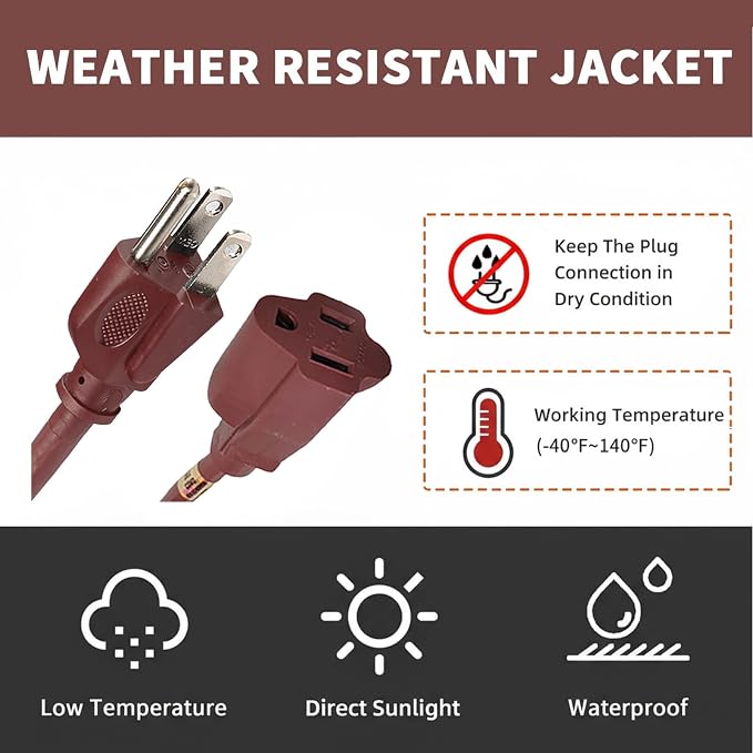 20FT Brown Outdoor Extension Cord-16/3 SJTW Durable Extension Cord - Image 6