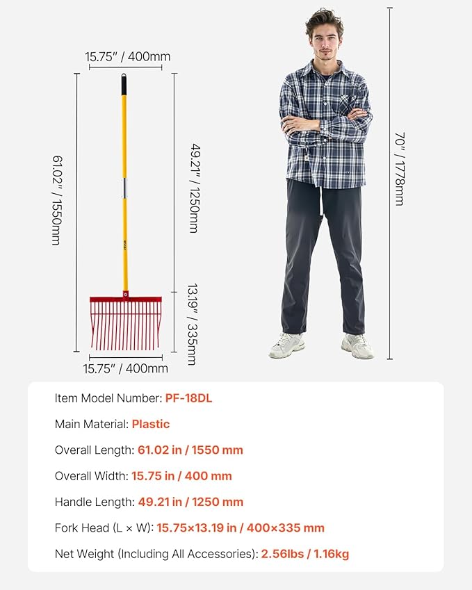 VEVOR Manure Fork, 18 Angled Tines, Horse Manure Rake with Long Fiberglass Handle, 61 in Durable Plastic Pitchfork Muck Rake Tool for Gardening Horse Stall Stable Grass Hay Cleaning Farm Work