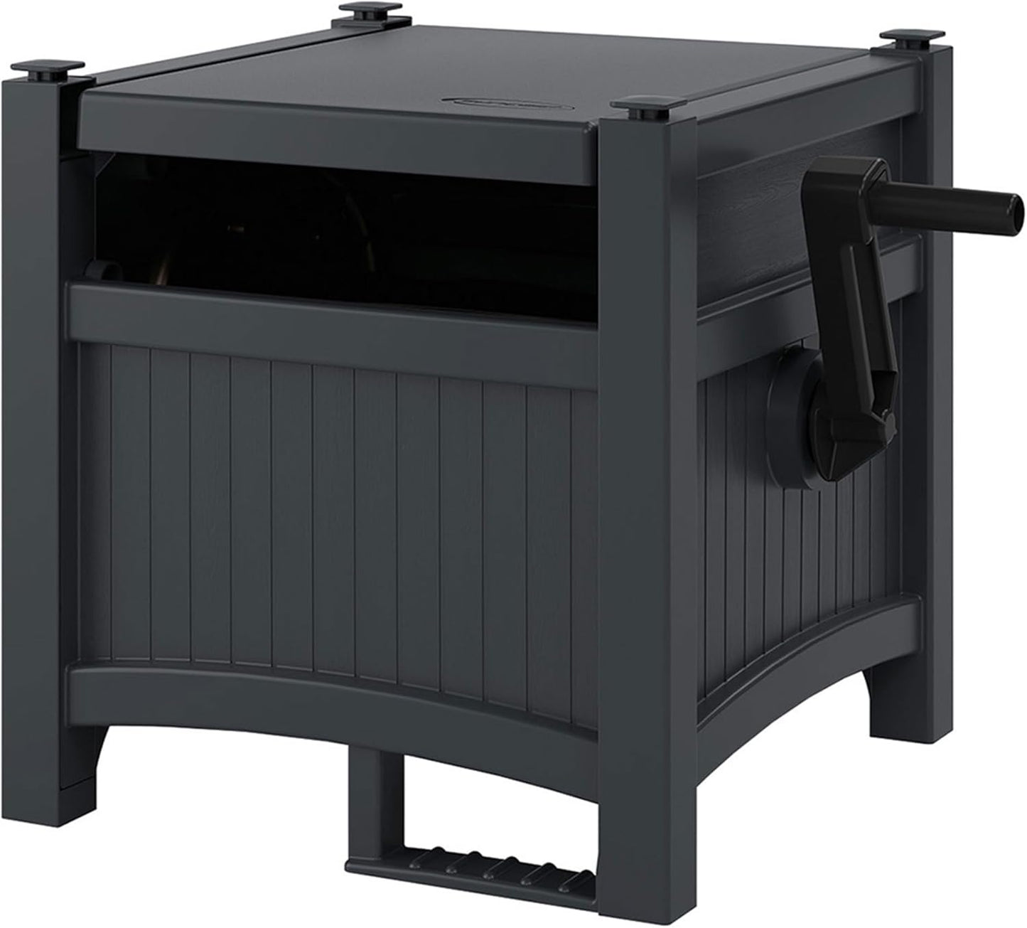 Suncast Garden Hose Hideaway Storage Reel Box, Cyberspace Grey – Resin Outdoor Container, Holds up to 100 Feet of 5/8 Inch Standard Vinyl Water Line – No Assembly Required