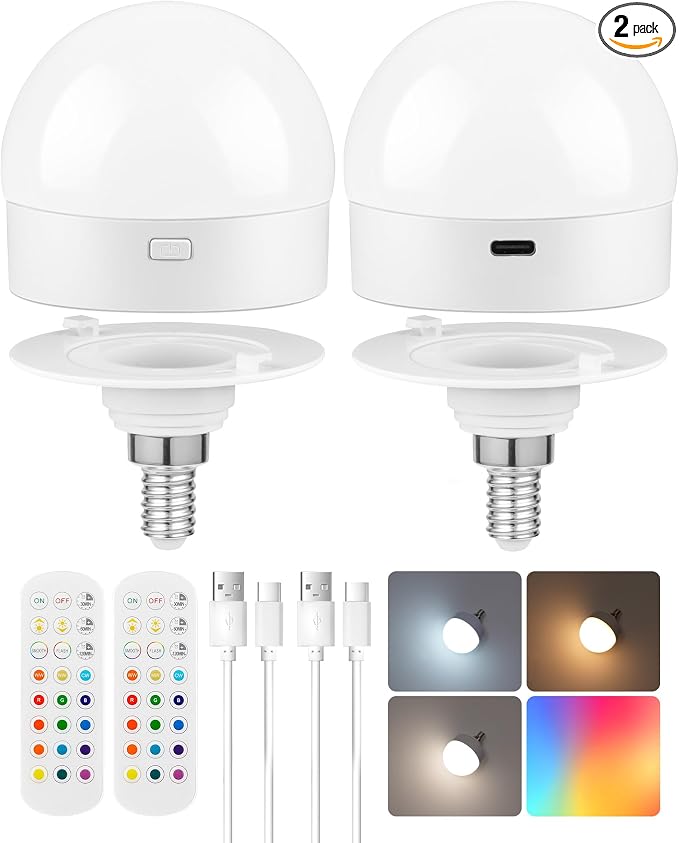 Rechargeable Light Bulbs with Remote Control, 2 Pack E12 Base Battery Operated by GOEBLESON