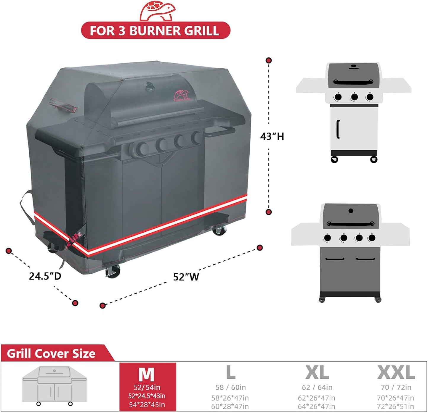 BBQ Grill Cover, 52 Inch Heavy Duty Waterproof 3 Burner Barbecue Gas Grill Covers for Weber Spirit Char-Broil Performance and Signature, Black