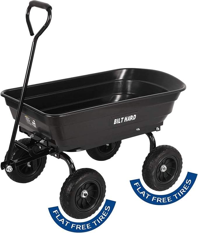 BILT HARD 4 Cu.Ft. 10" No-Flat Tires Poly Yard Dump Cart with 180° Rotating Handle, 600 lbs Capacity Heavy Duty Garden Carts and Wagons