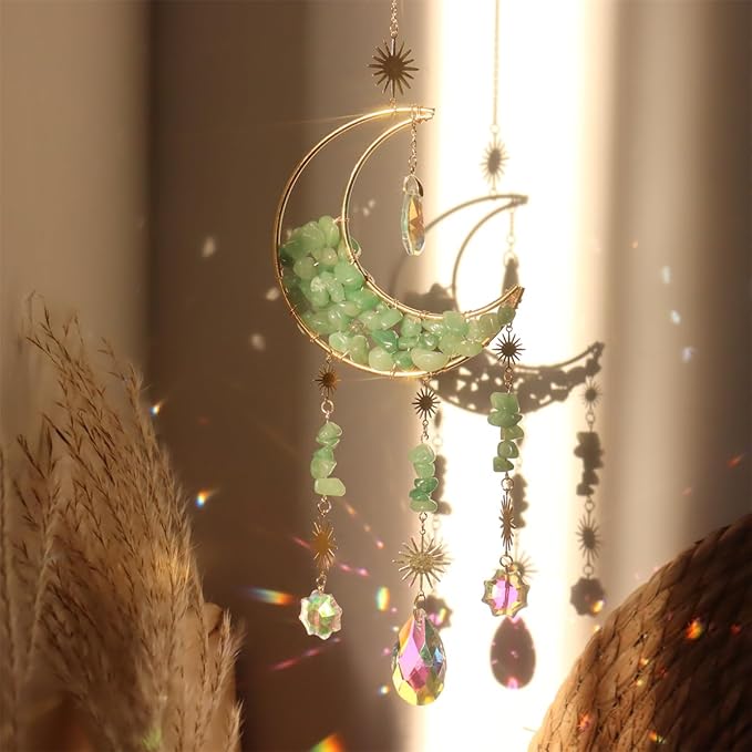 Crystal Suncatcher Hanging Moon Sun Light Catcher with Glass Prisms for Window Natural Green Quartz Decor Home Indoor Making Rainbows