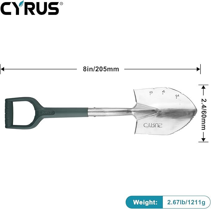 CYRUS Garden Shovel for Digging, 28 Inches in Total Length, Mini D-Shape Heavy Duty Shovel with Serrated Edges, Suitable for Garden, Lawn and Outdoor Camping