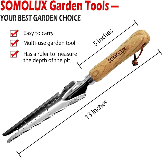 SOMOLUX Multifunctional Garden Tool Stainless Steel Shovel Hand Weeder with Wood Handle Soil Knife Tool for Planting Weeding Digging Transplanting Cutting Measuring