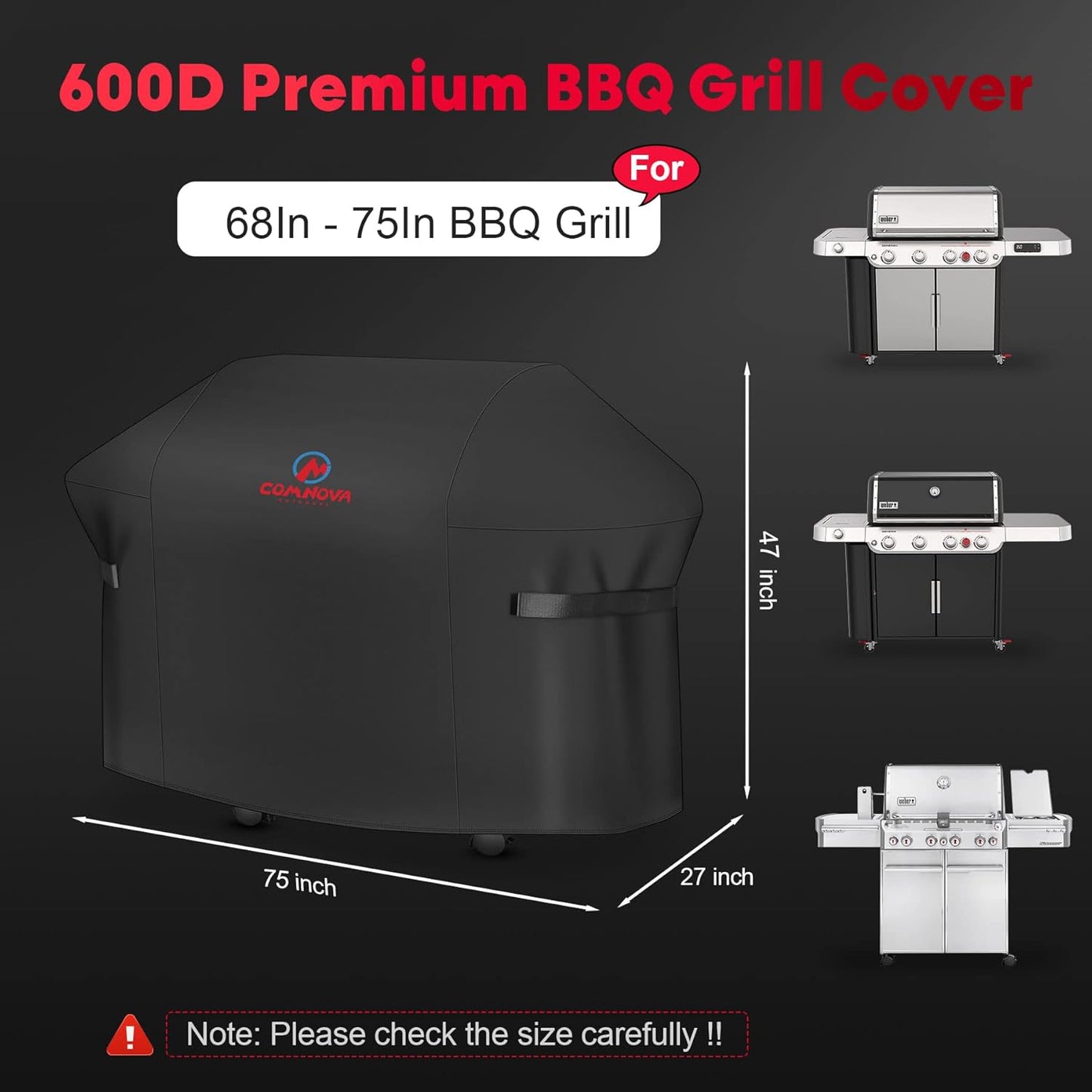 Comnova Grill Cover 75 Inch, 7109 BBQ Cover for Weber Summit 600 Series 6 Burner Grills, 600D Heavy Duty & Waterproof Barbeque Cover for Weber, Char-Broil, Monument, Brinkmann, Dyna-glo, and Nexgrill