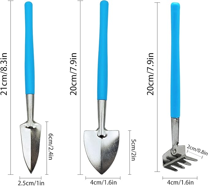 Mini Gardening Tools, 3Pcs Stainless Succulent Tools Kit Shovel Rake Trowel, 2 Colors Hand Shovel for Gardening for Indoor Small Plants, Succulents, Potted Plants, Bonsai (Blue)