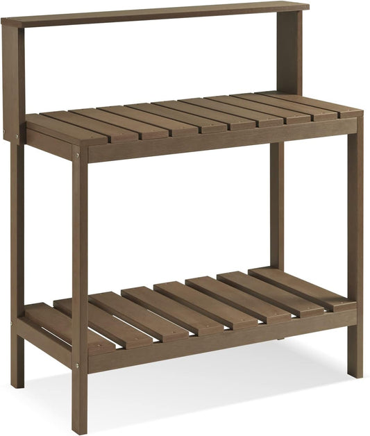 Psilvam Outdoor Poly Lumber Potting Bench, Polystyrene Garden Table with Storage Shelves, All-Weather Patio Work Station for Gardening(Brown)