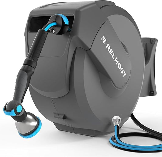 Retractable Garden Hose Reel 100 ft x 5/8 in, Heavy Duty Hose Reel Wall Mount with Any Length Lock, Auto Rewind System, 180° Swivel Bracket, 10-Pattern Garden Hose Nozzle, Dark Grey