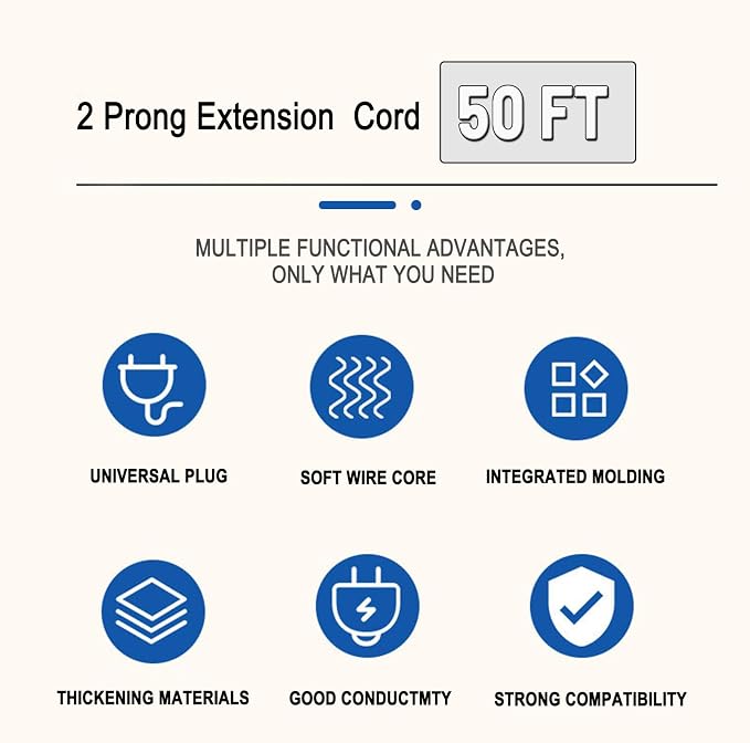 50 ft Extension Cord, 2 Prong Indoor Power Cord, 18AWG SPT-2 Flat Cord Design - Image 2