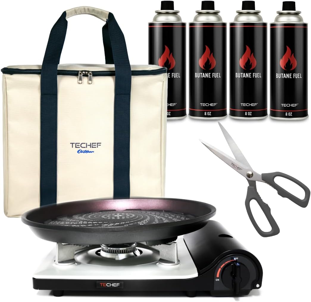TECHEF - KBBQ Ultimate Set with Korean BBQ Grill Pan, Agni Portable Gas Stove Burner, Carrying Bag, 4 pack Butane Gas, Scissors, Made in Korea