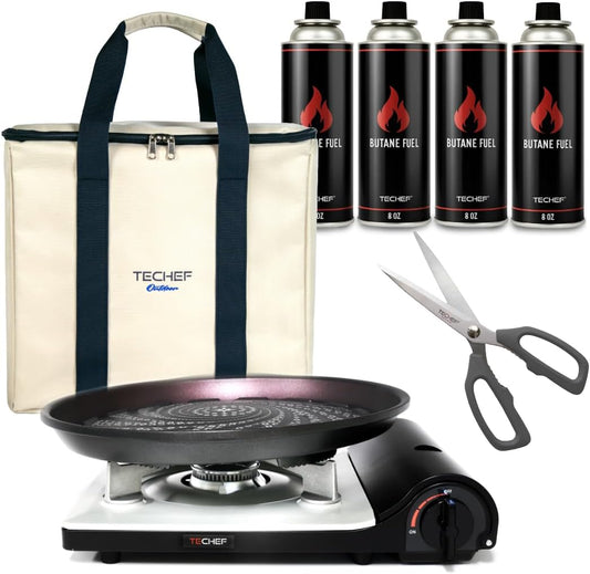 TECHEF - KBBQ Ultimate Set with Korean BBQ Grill Pan, Agni Portable Gas Stove Burner, Carrying Bag, 4 pack Butane Gas, Scissors, Made in Korea