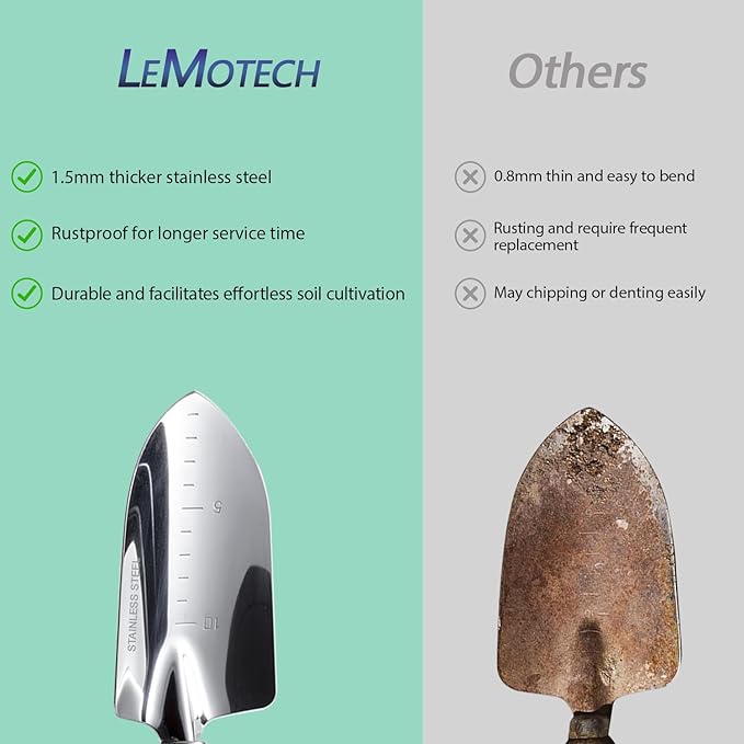 LeMotech Garden Tool Set, 3Pcs Stainless Steel Heavy Duty Gardening Kit Including Trowel Transplanter Cultivator Gardening Hand Tools with Beech Handle, Planting Tool for Women Men