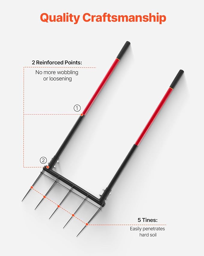 VEVOR Broad Fork, 5-Tine Pitchfork with Dual Fiberglass Handles, Heavy Duty Garden Fork, Ergonomic U-Shaped Design Broadfork Hand Tiller, Gardening Tool for Composting Transplanting Aeration