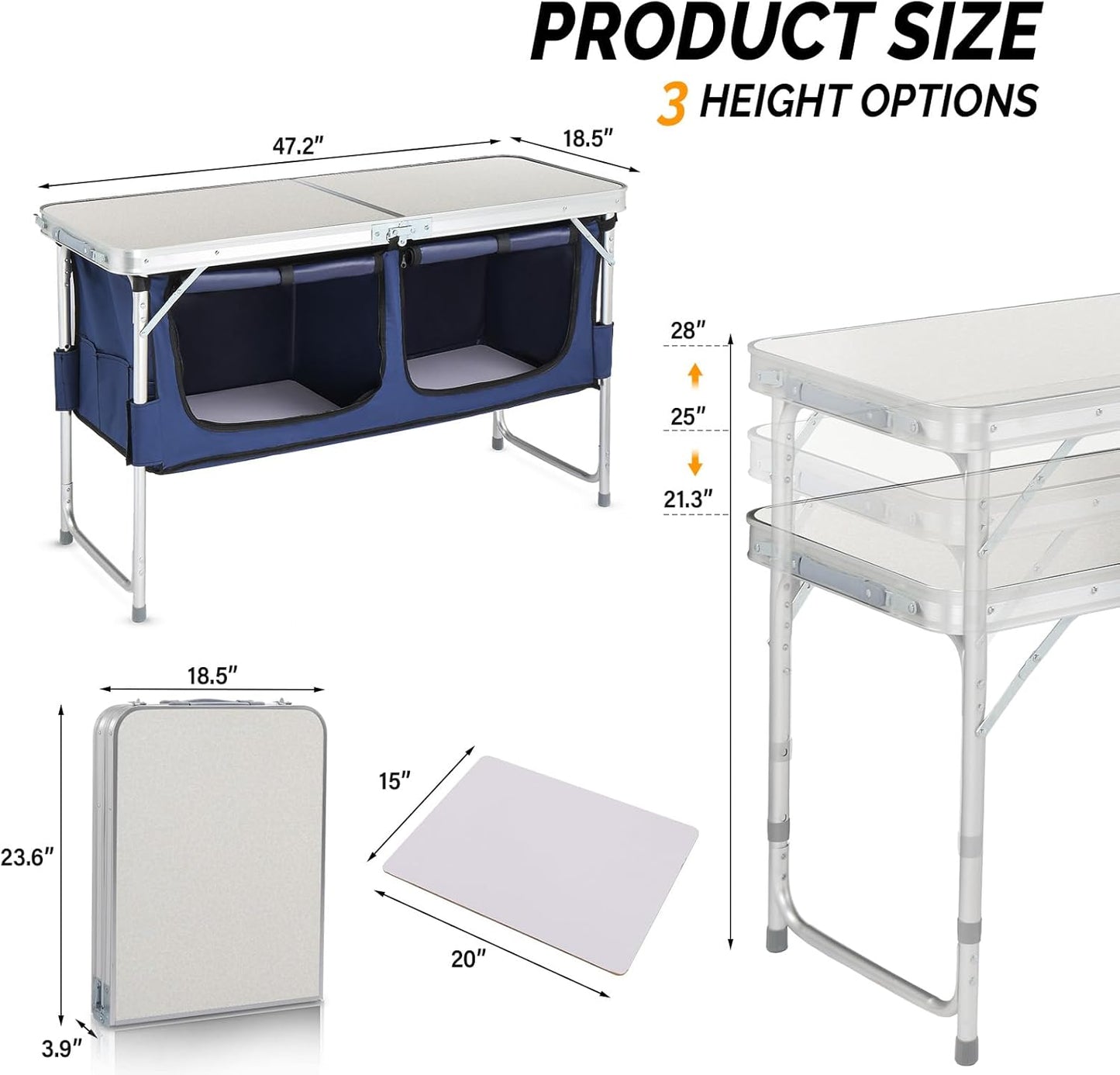 Outvita Portable Camping Table with Storage, Outdoor Aluminum Folding Camping Table with 3 Adjustable Height, Foldable Camp Tables for Backyards BBQ Party Picnic Beach Indoor, White