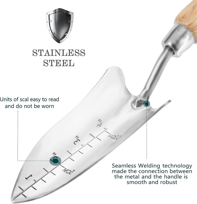 Berry&Bird Transplant Trowel with Measurements, Garden Stainless Steel Potting Hand Trowel with Wooden Handle, Small Garden Hand Shovel Transplanter Tool for Planting Digging Transplanting Gardening