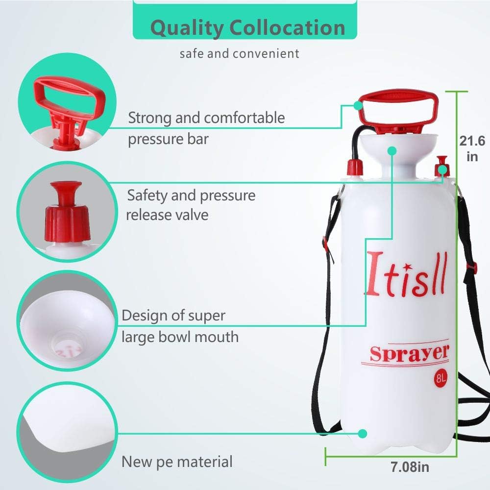 Itisll Portable Garden Pump Sprayer Brass Wand Shoulder Strap for Yard Lawn Weeds Plants 2Gal