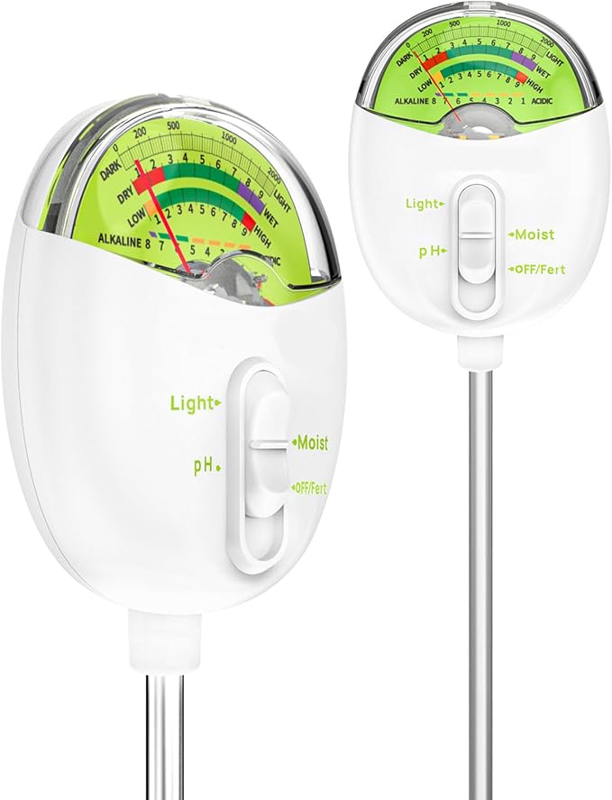 4-in-1 Plant Soil Tester with pH, Moisture, Fertility & Light Meter, Rotatable Dial Soil Test Kit, No Battery Required for Garden, Lawn, Farm, Indoor & Outdoor Plants, White