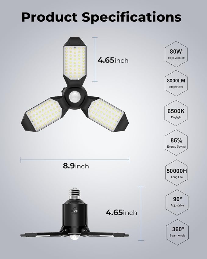toberich Motion Sensor Garage Lights 2 Pack, 8000LM Motion Sensor Shop Light w/ - Image 7