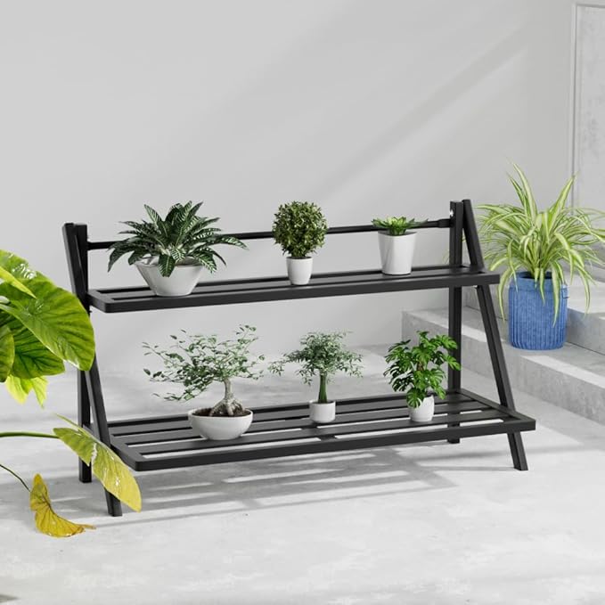 Deluxe 2-Tier Aluminum Plant Stand Indoor/Outdoor, Weather-Resistant Flower Pot Rack, Stylish & Lightweight Plant Stands for Garden, Balcony & Living Room