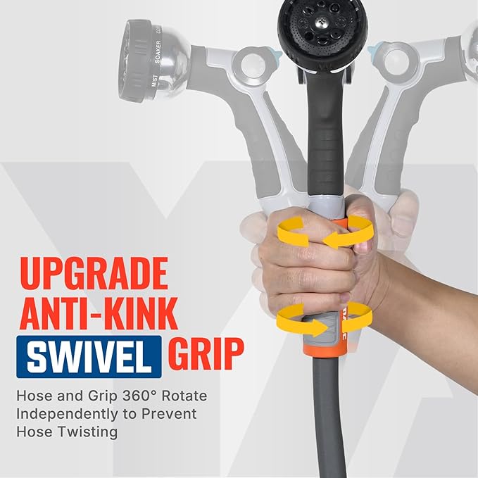 YAMATIC Heavy Duty Garden Hose 5/8 in x 50 ft with Swivel Handle, Super Flexible Water Hose, All-weather, Lightweight, Burst 600 PSI, Grey