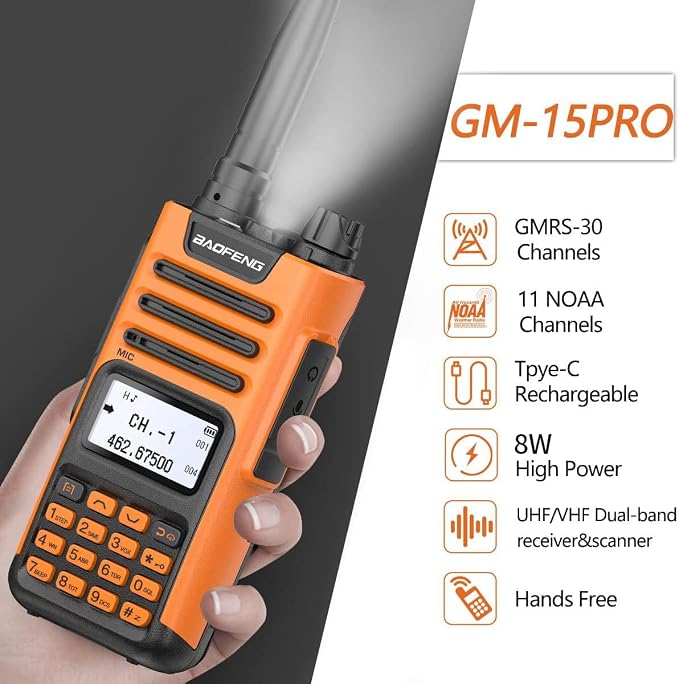 BAOFENG GMRS Handheld Radio GM-15 Pro 8W Rechargeable Long Range Walkie Talkies - Image 2