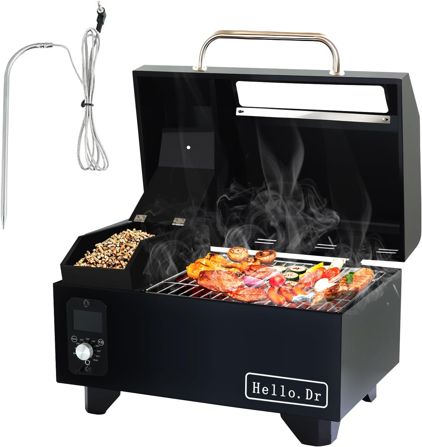 Portable Wood Pellet Grills 900°F，Smoker with Viewing Window – 8-in-1 BBQ, Digital Control, LED Screen, Temperature Control, Meat Probe，Bake and Roast, Ideal for Camping, RV, Beach Backyard