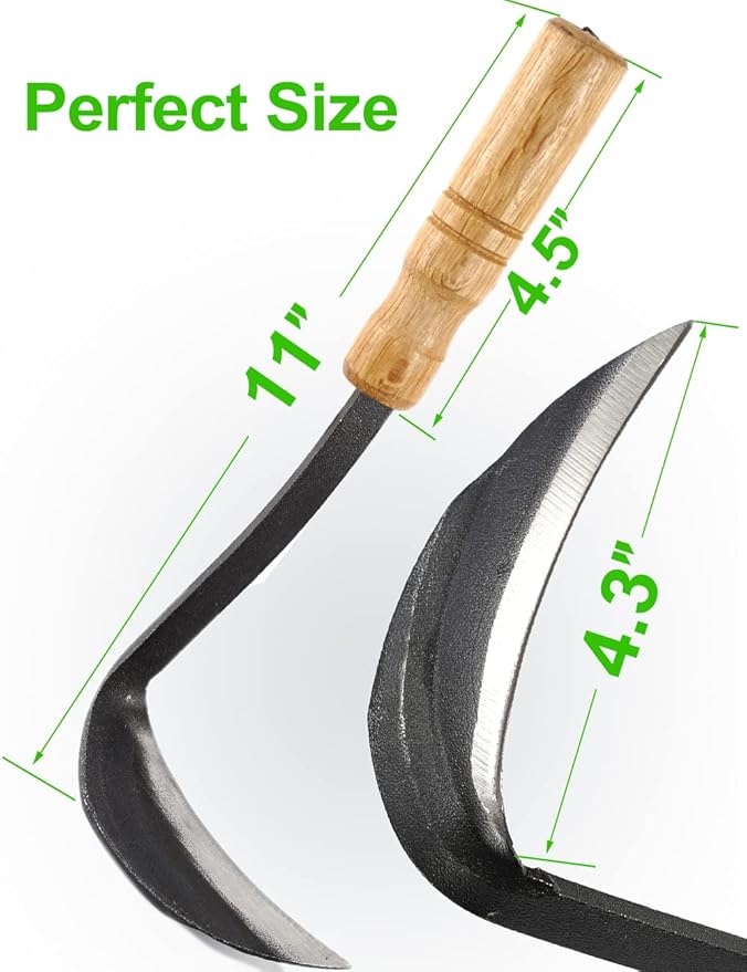 TOYPOPOR Japanese Weeding Sickle Hoe, 11" Gardening Hand Weeder Nejiri Kama Blade Tool Digging Cutting Weed Remover, High-Carbon Steel One-Piece Molding with Wood Handle, Very Sharp Edge Quick Work