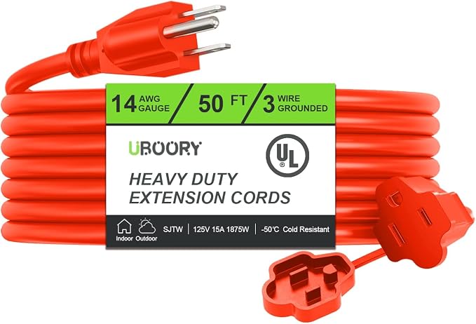 Outdoor Extension Cord Waterproof 50 FT, Flexible 100% Copper 3 Prong Extension by UBOORY