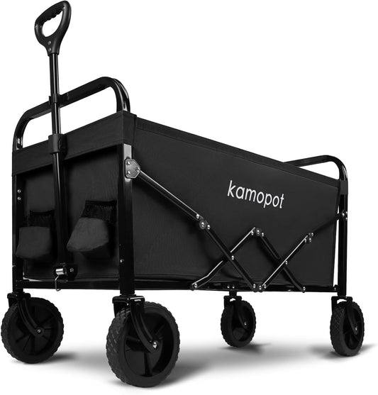 Large Collapsible Wagon Foldable for Grocery, Beach, Park, Yard, 34 x 18 Inch Inner Storage. Folding Utility Shopping Cart on Wheels. Heavy Duty, Durable w/Cupholders (Black)