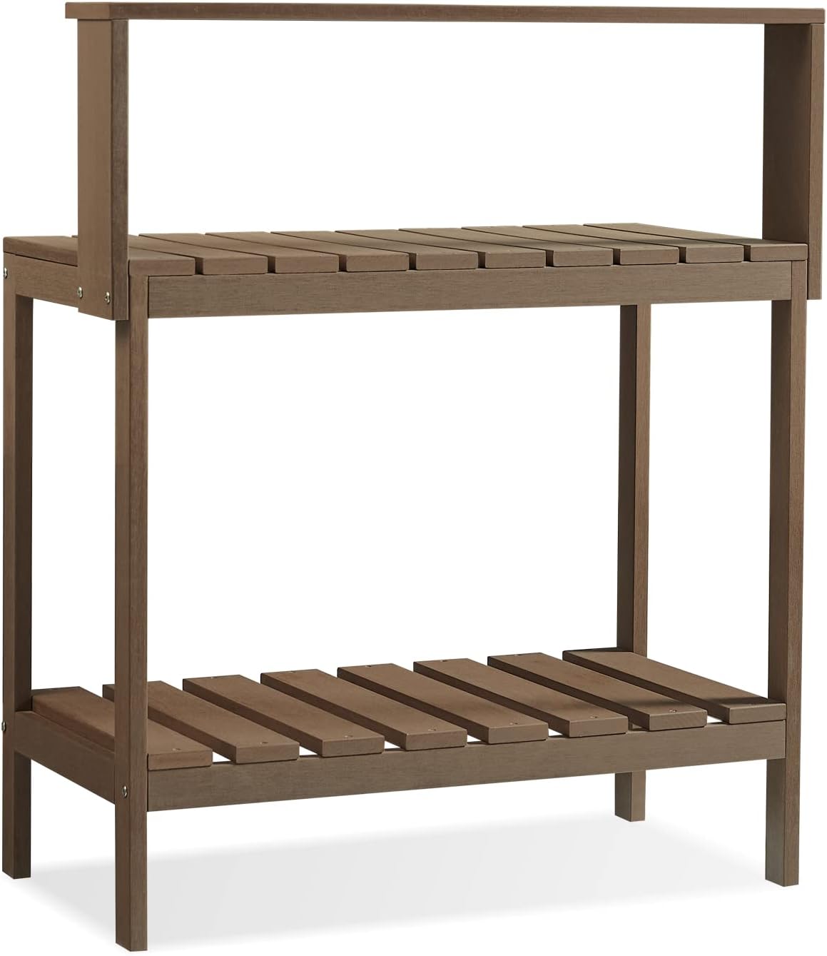 Psilvam Outdoor Poly Lumber Potting Bench, Polystyrene Garden Table with Storage Shelves, All-Weather Patio Work Station for Gardening(Brown)