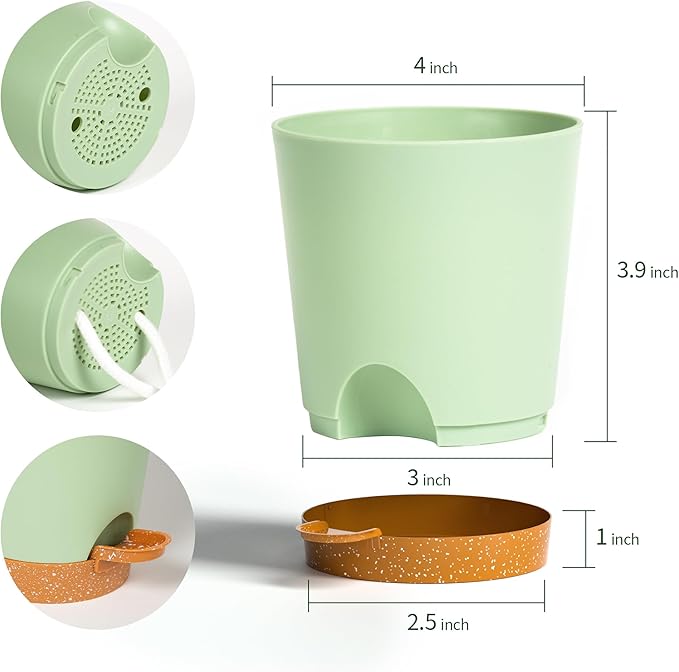 4 inch Small Plant Pots for Outdoor Indoor Plants, 5 Pack Planters with Drainage Holes and Tray, Small Self Watering Pots for Succulent,Cactus, Aloe and Other Plants (Green)